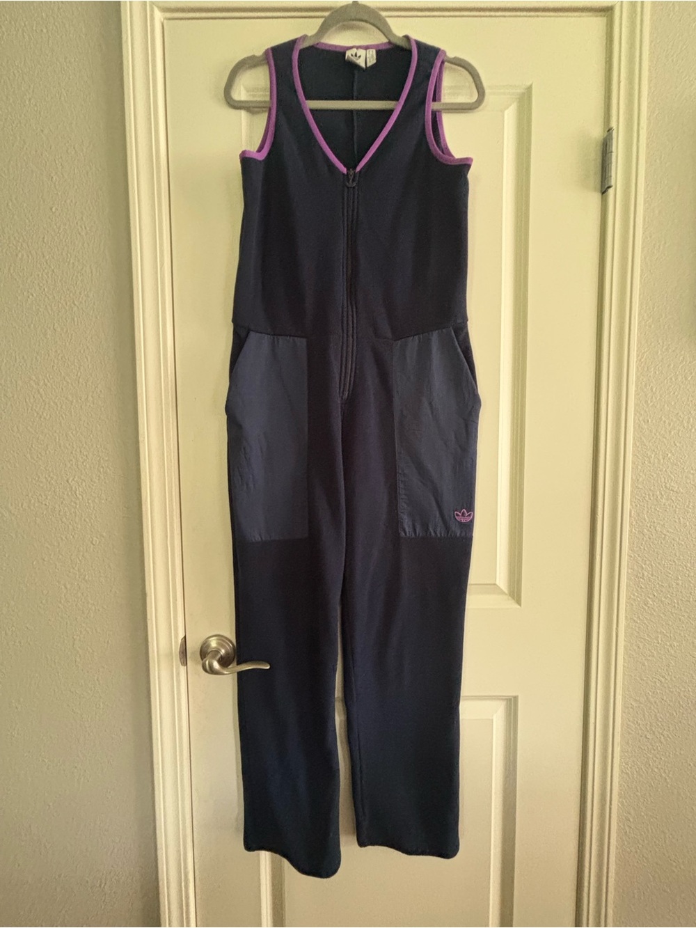 Adidas Collegiate Fleece Women's Navy Jumpsuit with Pink Trim Size Medium